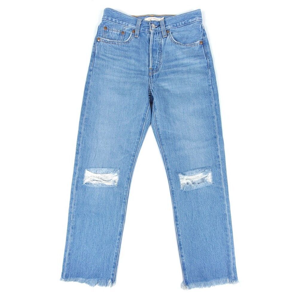 LEVIS Premium Wedgie Straight Distressed Knee Raw Hem Ankle Crop Jeans 24 x 26